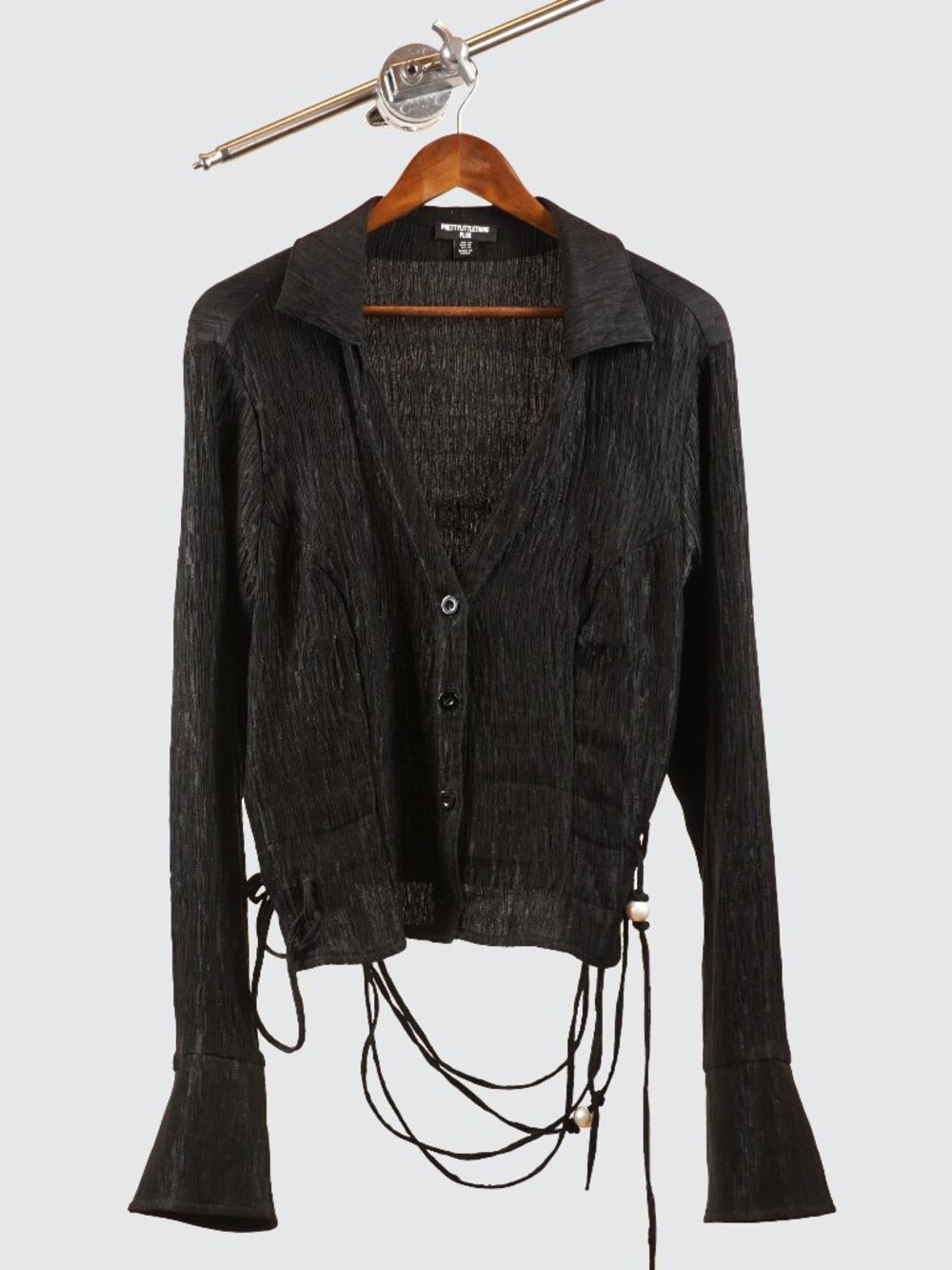 PrettyLittleThing Plus Black Sheer Textured Lace Up Cropped Blouse US 16